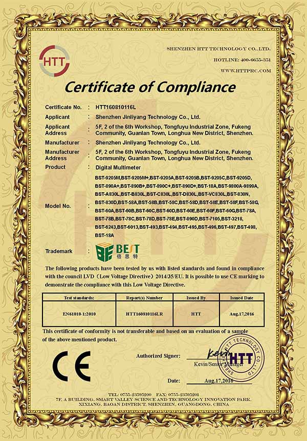 CE-LVD certificate of Multimeter Series